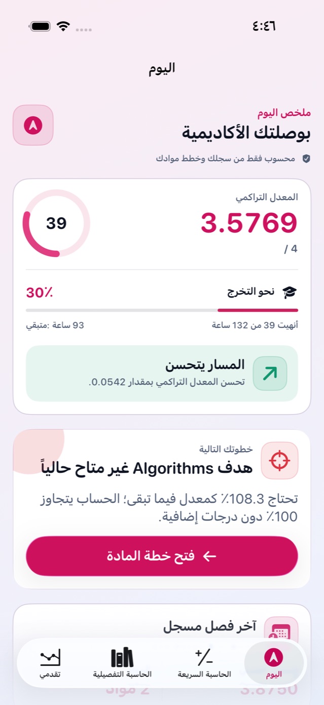 واجهة اليوم في تطبيق احسب معدلك / My GPA Today dashboard
